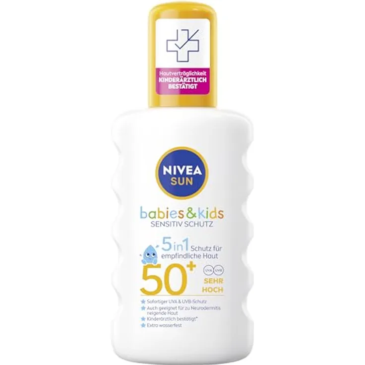 NIVEA SUN Babies & Kids Sensitiv Schutz Sonnenspray LSF 50+, extra wasserfest, duftfrei, für empfindliche Haut, 200 ml