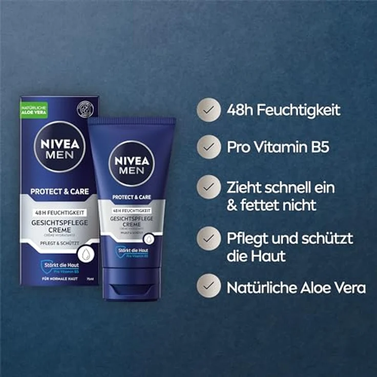 Nivea Men Protect & Care Gesichtspflege Creme, beruhigende Feuchtigkeitscreme für Männer, 48h feuchtigkeitsspendend mit Aloe Vera und Pro Vitamin B5, 75 ml – Bild 2