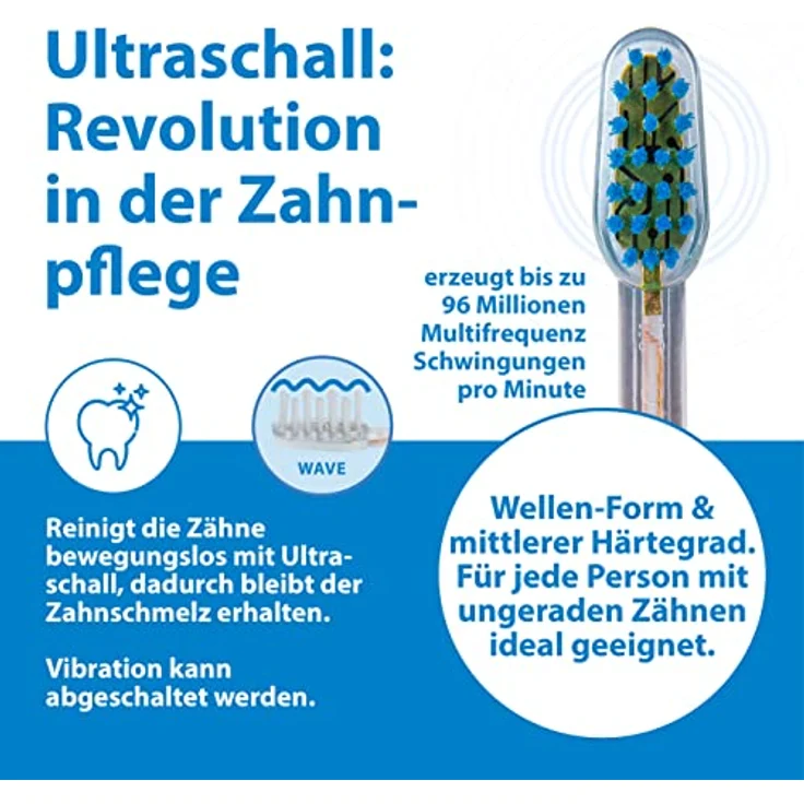 Emmi-dent 2x Zahnbürstenaufsatz E2 Wave, Ultraschall-Ersatzbürsten für ungerade Zähne, 1x Blau + 1x Weiß, für Metallic- & Professional-Serie – Bild 4