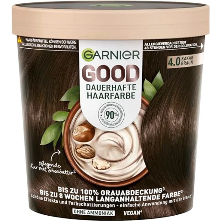 Garnier GOOD Dauerhafte Haarfarbe 4.0 Kakao Braun, Coloration ohne Ammoniak mit 100% Grauabdeckung und pflegender Kur, 1 Stk. – Bild 1