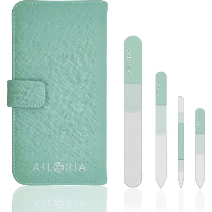 AILORIA CONTOUR PRIME Glasnagelfeile Set, 4-tlg. mit runder und 3 flachen Feilen, schonend für brüchige Nägel, farblich passendes Etui