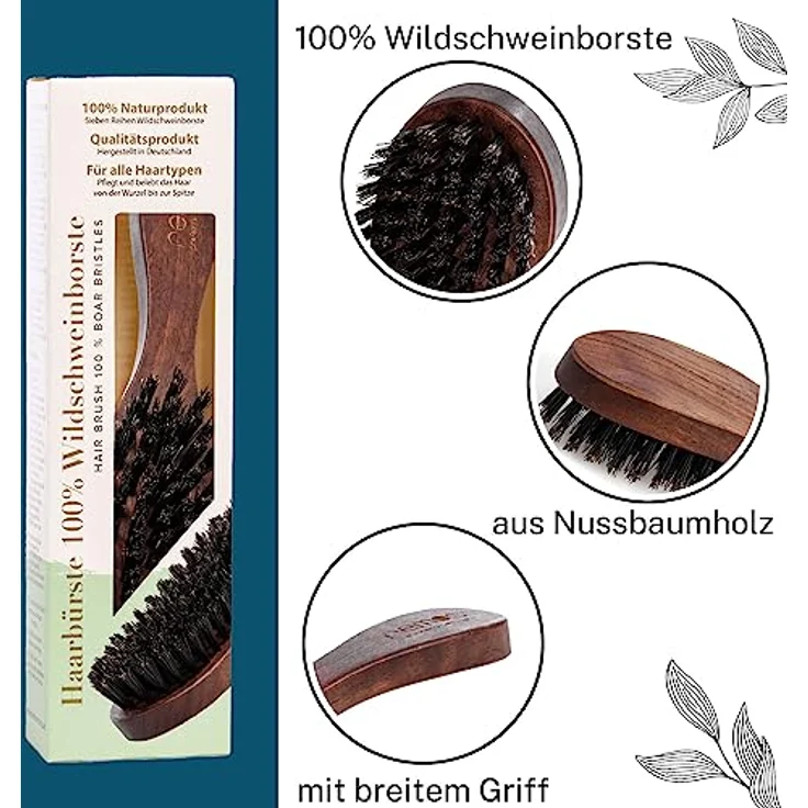 remos professional body care REMOS Haarbürste, 100% Wildschweinborste aus Nussbaumholz mit breitem Griff, für alle Haartypen geeignet – Bild 2