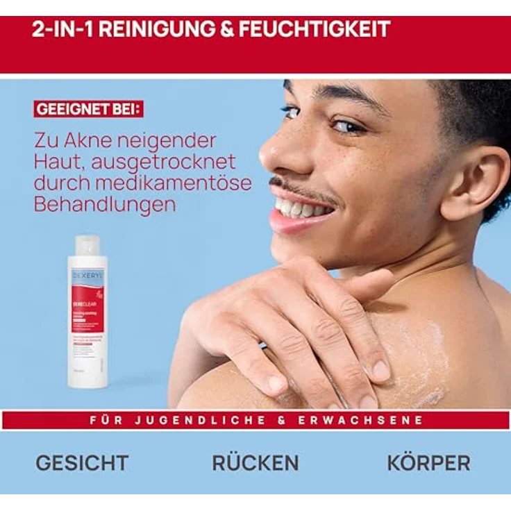 DEXERYL DEXECLEAR, Feuchtigkeitsspendende seifenfreie Gesichtsreinigung für akneanfällige Haut mit 5% Glycerin und 0,1% Dextransulfat, 200 ml – Bild 4