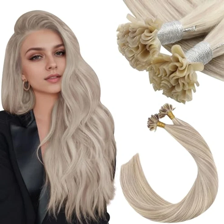 Ugeat Bonding Extensions Echthaar Blond Highlight, 50 cm, 50 Strähnen, U Tip Keratin-Bonds, #P18/613 – Bild 1