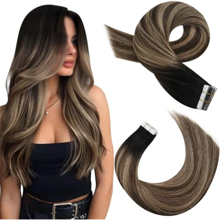 Moresoo Tape in Extensions Echthaar Dunkelbraun, 50 cm, 20 Stück, Invisible Tape mit starkem Goldblond Kleber, #1B/4/14 – Bild 1