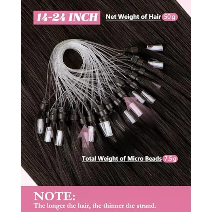 YoungSee 60 cm Microring Extensions Echthaar Dunkelbraun, Kaltfusion Haarverlängerung, 50g Remy Echthaar für Damen – Bild 3
