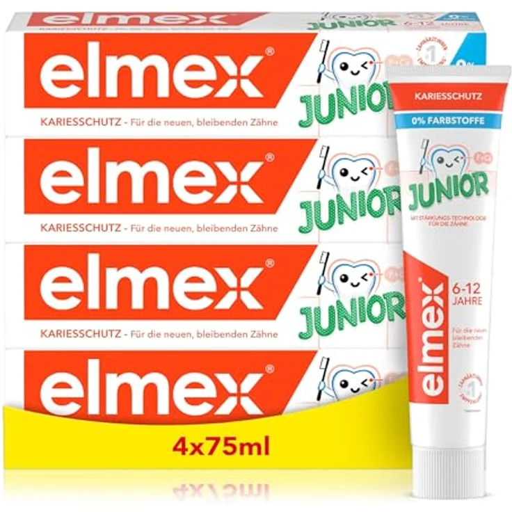 elmex Zahnpasta Junior 6-12 Jahre, medizinische Zahnreinigung mit 1400 ppm Fluorid, 4x75ml – effektiver Kariesschutz für bleibende Zähne – Bild 1