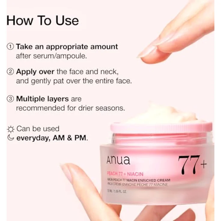 Anua Peach 77% Niacin Enriched Cream, erneuernde und feuchtigkeitsspendende Gesichtscreme, 50 ml, für trockene Haut – Bild 5