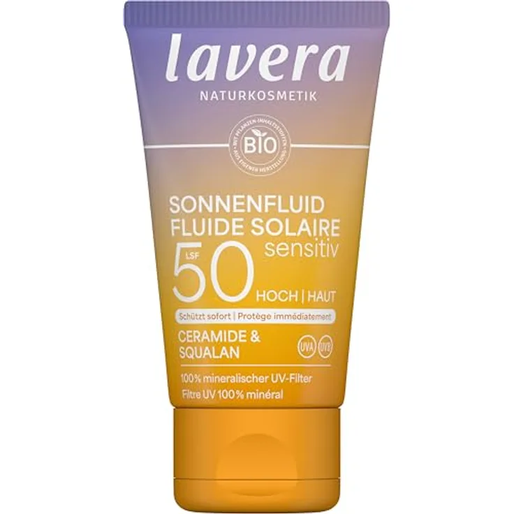 lavera Sonnenlotion Sensitiv LSF 50, Sonnencreme für Gesicht und Dekolleté ohne chemische UV-Filter, vegan, 40 ml