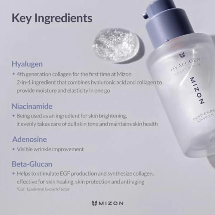MIZON HYALUGEN LE LIFT SERUM 30ml, Innovative Hyaluronsäure-Kollagen-Formel für straffe, hydratisierte Haut, verbessert Hautton und Textur, geeignet für empfindliche Haut – Bild 3