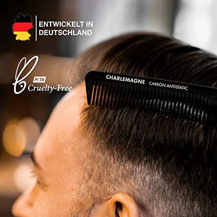 Charlemagne Carbon-Haarkamm, 18 cm Feinzahn, antistatisches Finish, bruchsicherer Herrenkamm, kompakte Größe, ideal für Haar- und Bartstyling – Bild 5