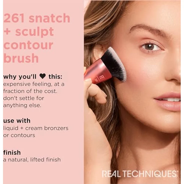 Real Techniques Snatch + Sculpt Contour Makeup Brush, For Liquid & Cream Contour & Bronzer, Flat Top & Oval Head For Blending & Buffing, Dense, Synthetic Bristles, Vegan & Cruelty Free, 1 Count – Bild 3