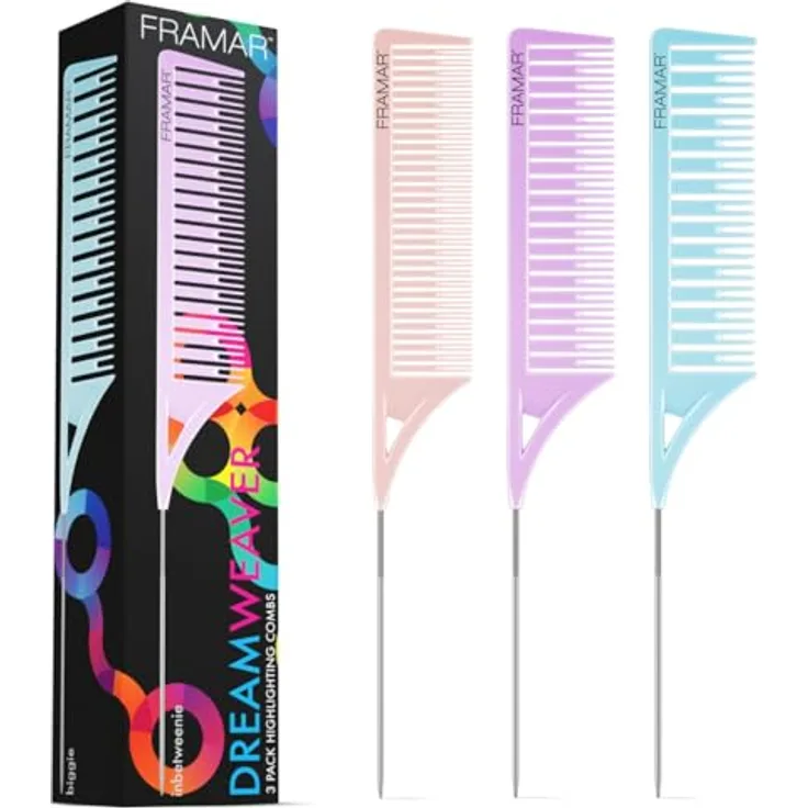 FRAMAR Pastell Strähnenkamm Set, 3-teilig in Pink, Lila & Blau, antistatisch, für einfache Strähnchenblondierung und -färbung
