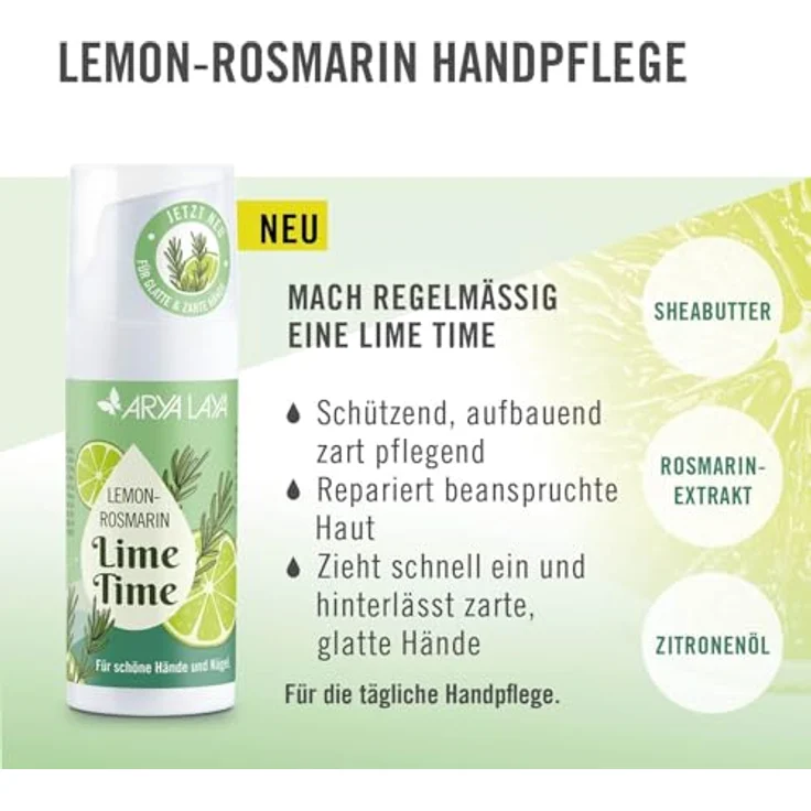 ARYA LAYA Lemon-Rosmarin Handpflege, 50 ml Airless-Spender, vegan, Lime Time (Special Edition) für zarte Hände – Bild 2