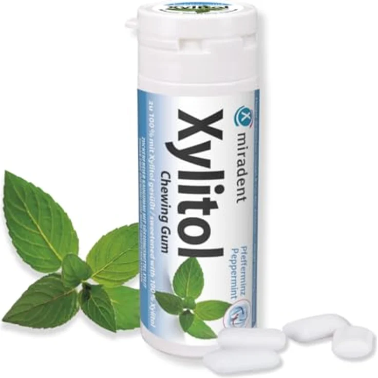 Miradent Xylitol Zahnpflege-Kaugummi Pfefferminz 30 Stück, Verminderung von Plaque-Ablagerungen am Zahn – Bild 2