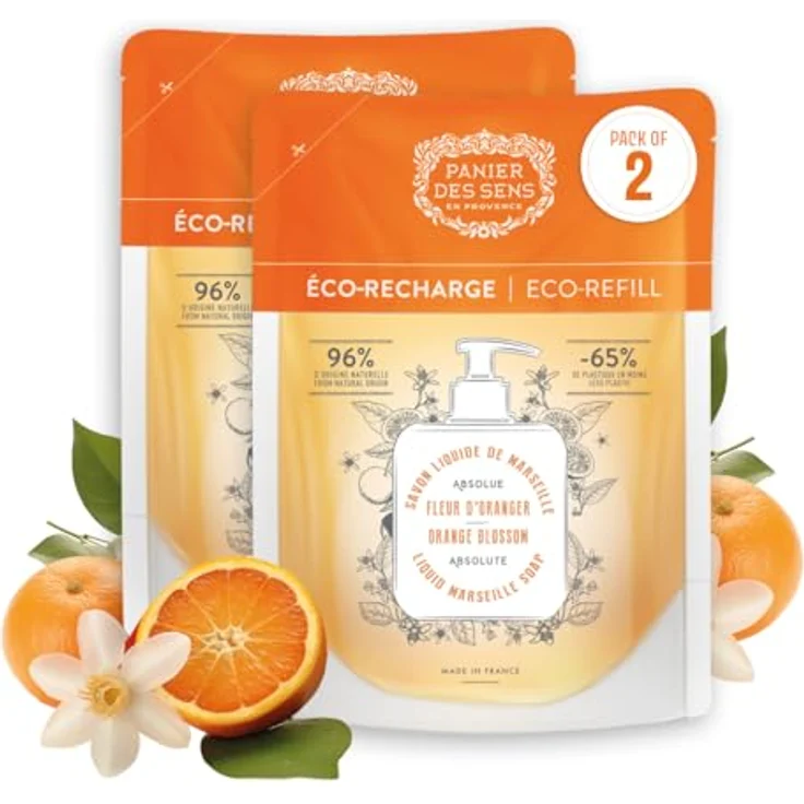 Panier des Sens Marseiller Flüssige Handseife Nachfüller, Orangenblüten, 97% natürliche Inhaltsstoffe, feuchtigkeitsspendend mit Kokosnussöl, 2x500 ml – Bild 1