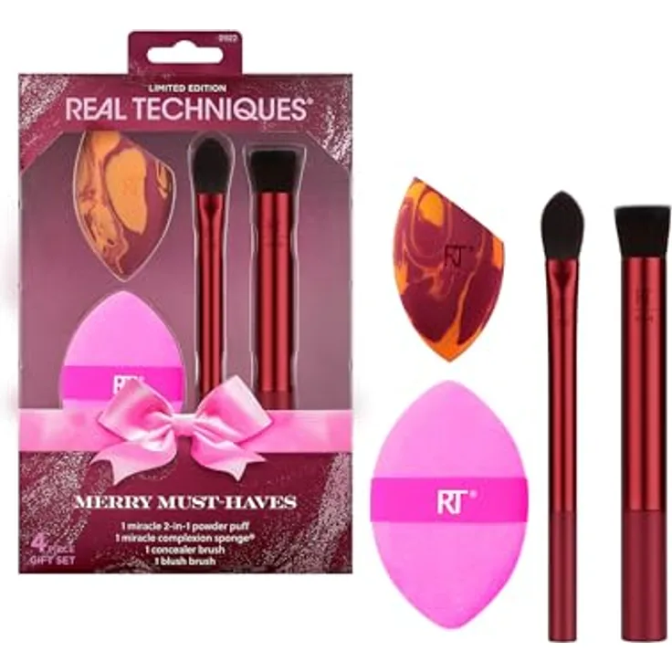 Real Techniques Marry Must-Haves Pinselset, 4-teiliges Make-up-Pinselset mit Miracle Complexion Schwamm und Rouge-Pinsel