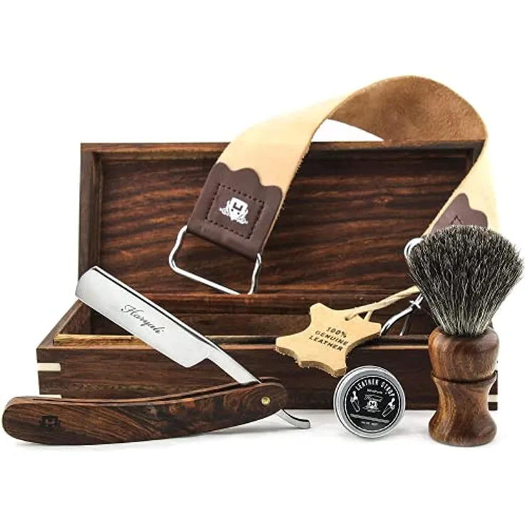 Haryali London Holzbox mit Rasierzubehör (Rasiermesser, Rasierpinsel, Abziehriemen, Schleifpaste) - Luxuriöses 5-teiliges Set, Palisanderholz