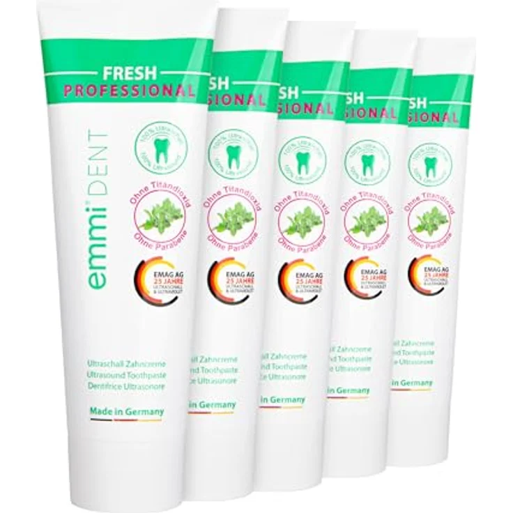 Emmi-dent Ultraschall Zahncreme "Fresh" – Pfefferminz-Geschmack – Ideal für empfindliche Zähne & Zahnfleisch – Vegan – Ohne Mikroplastik & Nanomaterialien – 5x 75 ml – Bild 1