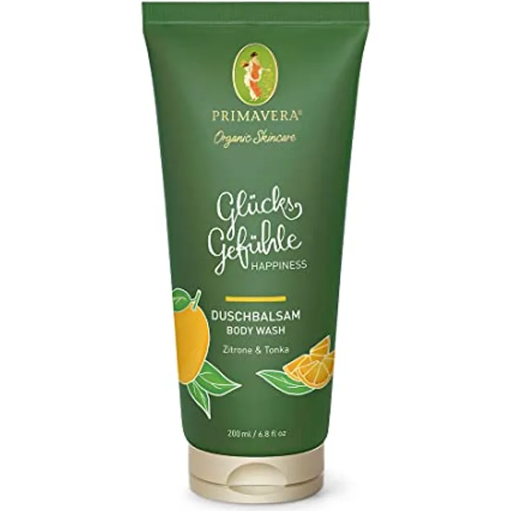 PRIMAVERA Glücksgefühle Duschbalsam 200 ml – Duschgel, Naturkosmetik, Zitrone und Tonka Duft, reinigt sanft, rückfettend, vegan