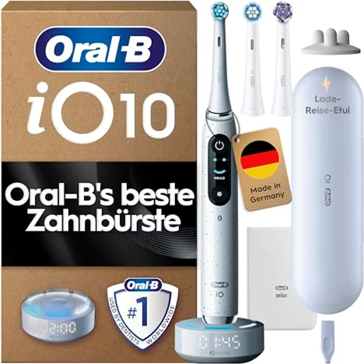 Oral-B iO Series 10 Elektrische Zahnbürste, inkl. 3 Aufsteckbürsten, iOsense Ladestation, Lade-Reise-Etui, 7 Putzmodi, Weiß – Bild 1