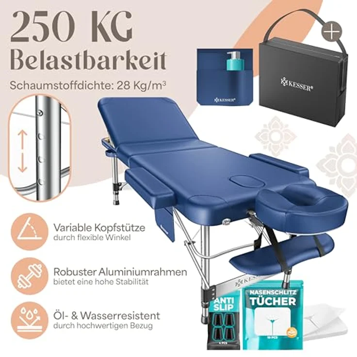 KESSER® Massageliege 3 Zonen bis 250kg, klappbar und verstellbar, Tragetasche, Alu-Kopfstütze, Anti-Rutsch Füße, 60cm, Navyblau – Bild 2