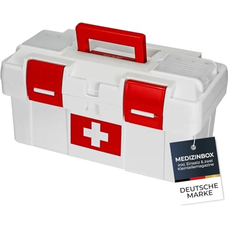 HMF Erste-Hilfe-Koffer, leerer Medizinbox zur Medikamenten Aufbewahrung, 37 x 20 x 18,5 cm, robust in Weiß-Rot mit herausnehmbaren Fächern – Bild 1