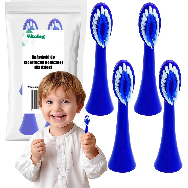 Vitolog Zahnbürstenköpfe Nachfüllpackungen für Schallzahnbürsten, 4 Stück, Marineblau, weich, für Kinder