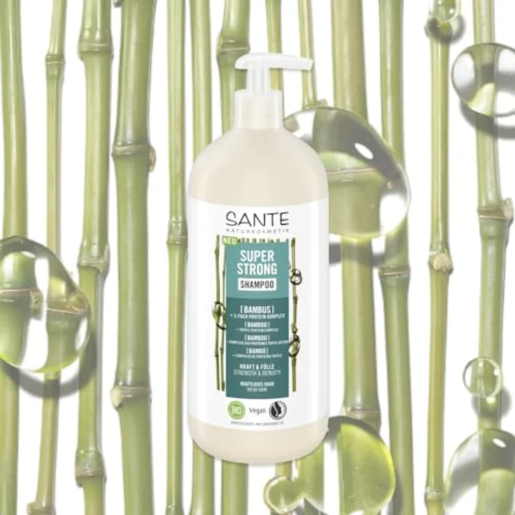 Sante Naturkosmetik Super Strong Shampoo Bio-Bambus Extrakt + 3-Fach Protein Komplex, veganes Pflegeshampoo für kraftloses Haar, 950 ml mit Pumpspender – Bild 3
