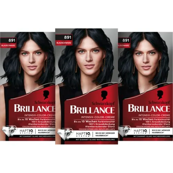 Brillance Intensiv-Color-Creme 891 Blauschwarz Stufe 3 (3 x 160 ml), dauerhafte Haarfarbe mit Diamant-Glanz-Effekt & Pflege-Conditioner, 10 Wochen Farbintensität