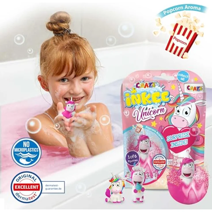 INKEE Unicorn Badebomben Kinder 8er Set mit Überraschung, 8x 100g in lila und rosa, Popcorn-Duft, 6 Einhornfiguren zum Sammeln – Bild 5