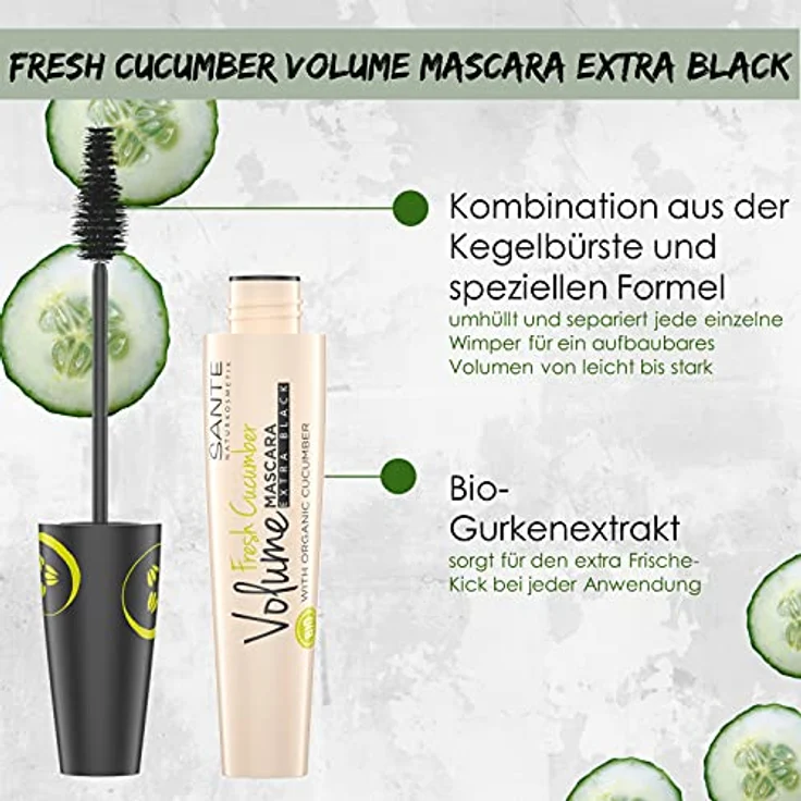 Sante Naturkosmetik Fresh Cucumber Volume Mascara, Wimperntusche mit Bio-Gurkenextrakt und Kegelbürste, 12 ml – Bild 3