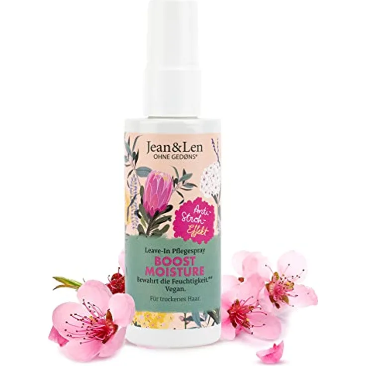 Jean & Len Boost Moisture Leave In Pflegespray, für trockenes Haar, mit Anti-Stroh-Effekt, Leave In Haarpflege, mit Aloe Vera, für glänzendes Haar, ohne Parabene & Silikone, vegan, 100 ml