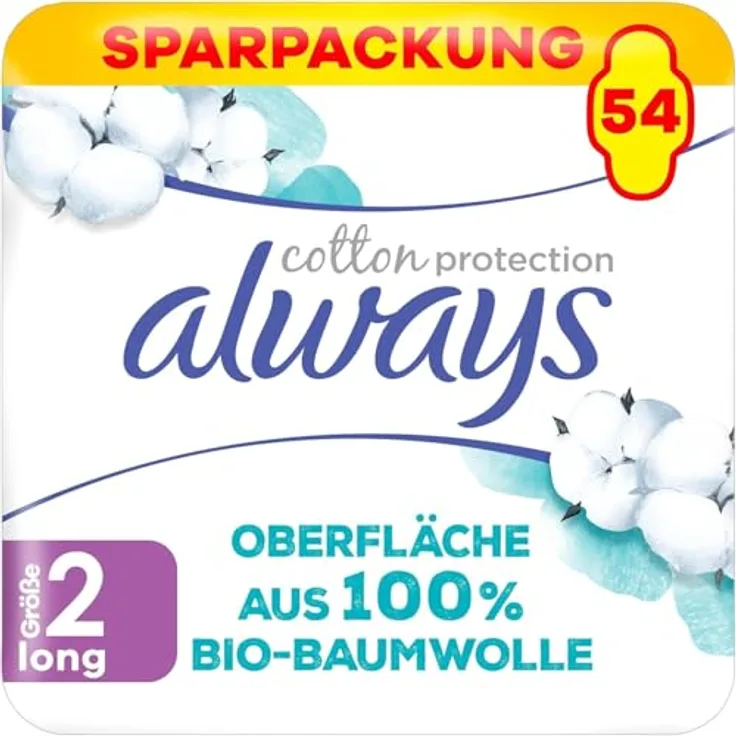 Always Ultra Binden Damen Gr. 2, Cotton Protection Long, 54 Stück, ultradünn, super absorbierend, mit Flügeln, Monatspaket