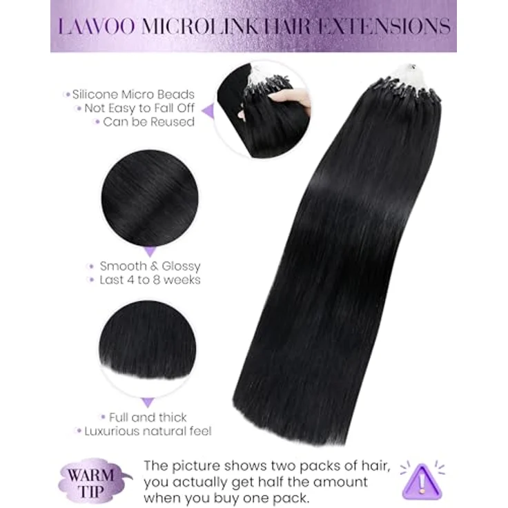 LaaVoo Microring Extensions, Echthaar Remy, Schwarz, 50g, 1g/s, 40cm, wiederverwendbar und hitzestyling geeignet – Bild 2