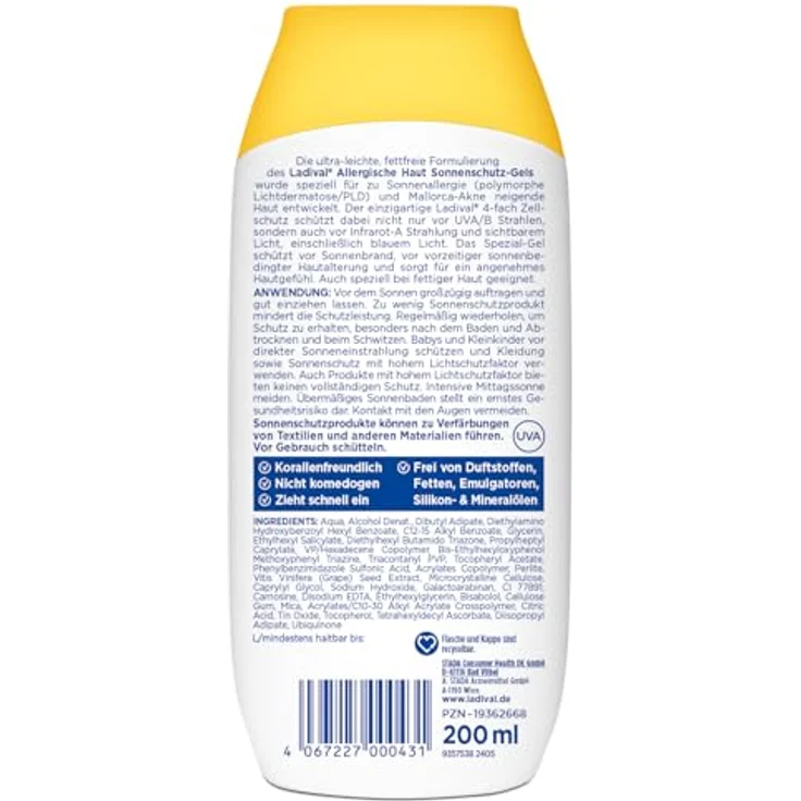 Ladival Sonnenschutz Gel LSF 50+ für allergische Haut, wasserfest, fettfrei, 4-fach Zellschutz, korallenfreundlich, leichte Gel-Formel, 200ml – Bild 2