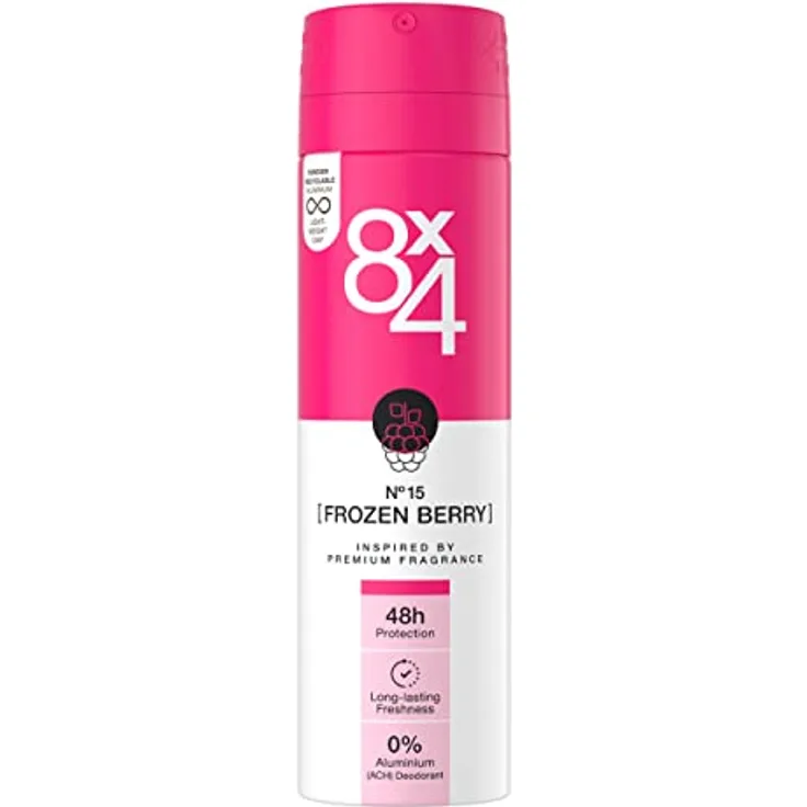 8X4 N°15 Frozen Berry Deospray (150 ml), fruchtig-floraler Duft, Deo ohne Aluminium (ACH), Deodorant mit 48h Schutz für jeden Hauttyp