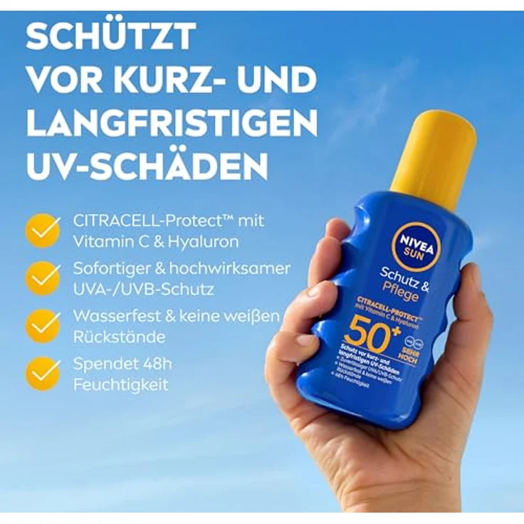 NIVEA SUN Schutz & Pflege Sonnenspray LSF 50+, wasserfest mit Vitamin C & Hyaluron, schnell einziehend, 48h Feuchtigkeit, 200 ml – Bild 2
