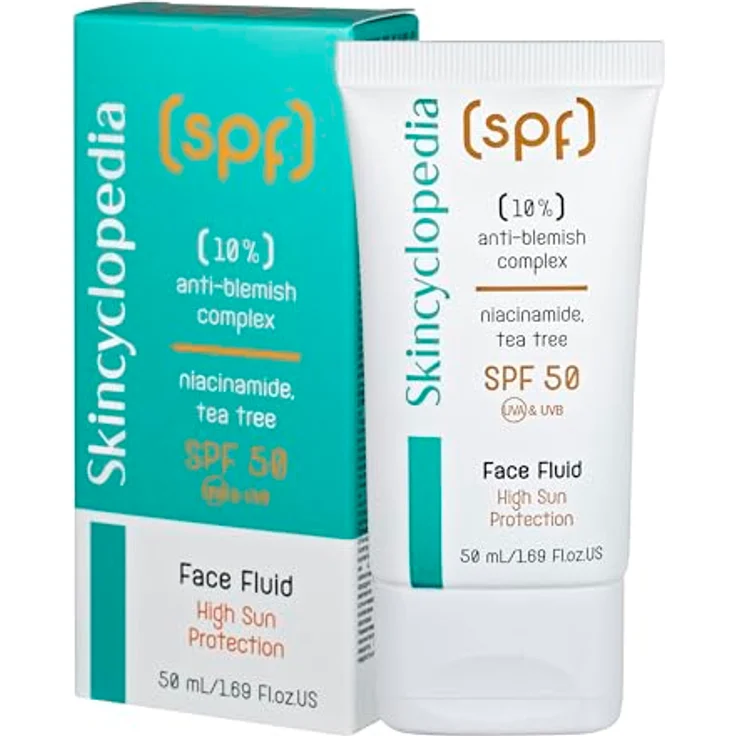 Skincyclopedia LSF 50 Sonnencreme, Sonnenfluid für das Gesicht mit Niacinamide und Teebaum gegen Pickel, SPF 50 Sun Protection Face Fluid, UVA und UVB, Sonnenschutz mit hohem Breitspektrumschutz, 50ml, Anti Pickel Sun Protection Face Fluid, 50ml – Bild 1