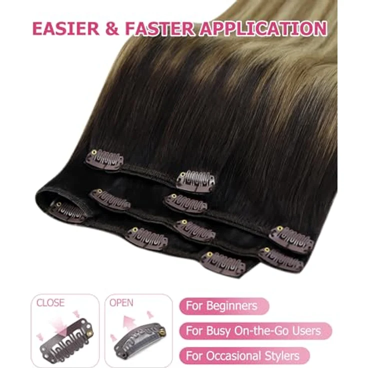 YoungSee Echthaar Extensions Clip, 30 cm Balayage Dunkelbraun Ombre Braun Blond, 80g, 7-teilige Clips-in Haarverlängerung für Damen – Bild 3
