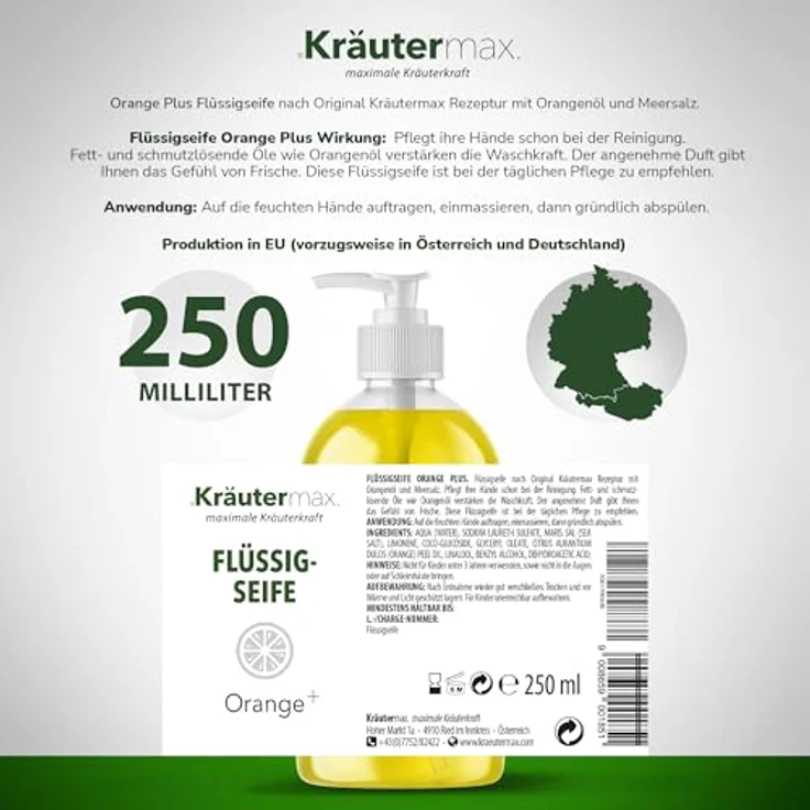 Orange Flüssigseife Seife mit Orangenöl Naturrein für die Haut Kosmetik 1 x 250 ml – Bild 2