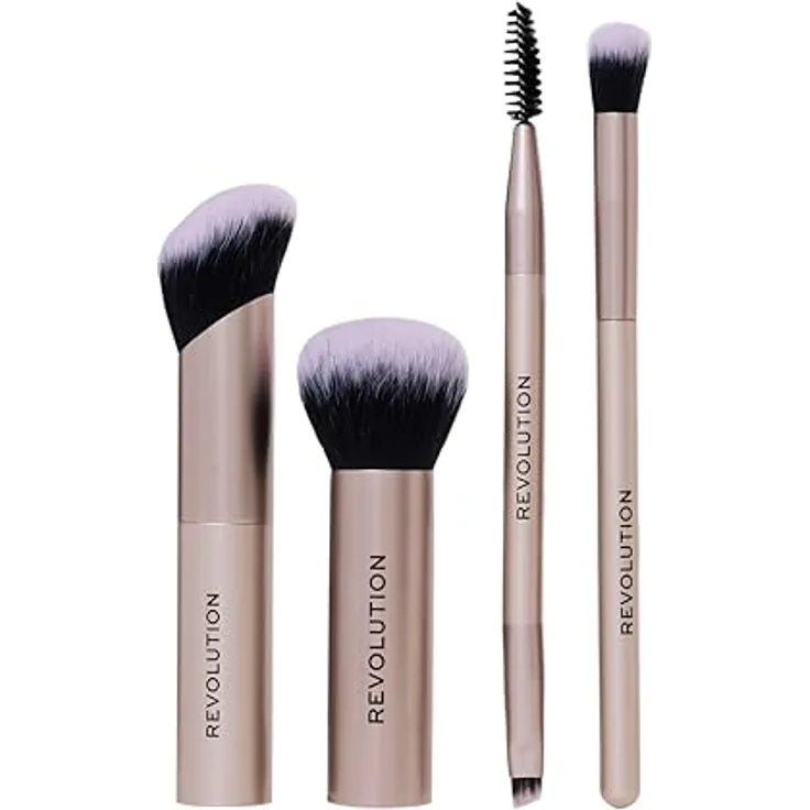 Revolution Beauty London On The Glow Travel Brush Set, 4-teiliges Reise-Pinselset für Gesicht mit synthetischen Borsten, vegan und tierversuchsfrei