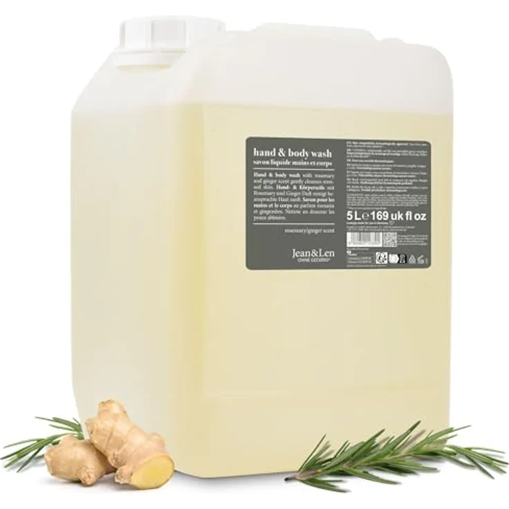 Jean & Len Hand & Body Wash Rosemary und Ginger, Flüssigseife im 5L Nachfüllkanister, ohne Silikone, Parabene & Mikroplastik, würzig-frischer Duft – Bild 1