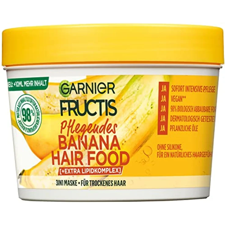 Garnier Banana 3in1 Haarmaske für trockenes Haar, Leave In für intensive Pflege und Geschmeidigkeit, Vegane Formel mit natürlichen Inhaltsstoffen, Fructis Hair Food, 1 x 400 ml – Bild 1