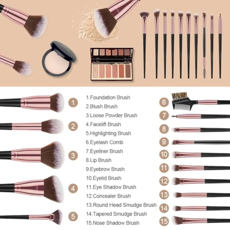 Vicloon Pinselset Makeup, 15 Stück Professionelles Schminkpinsel Set mit Aufbewahrungstasche, für Flüssigkeiten, Puder und Cremes, hypoallergen – Bild 3