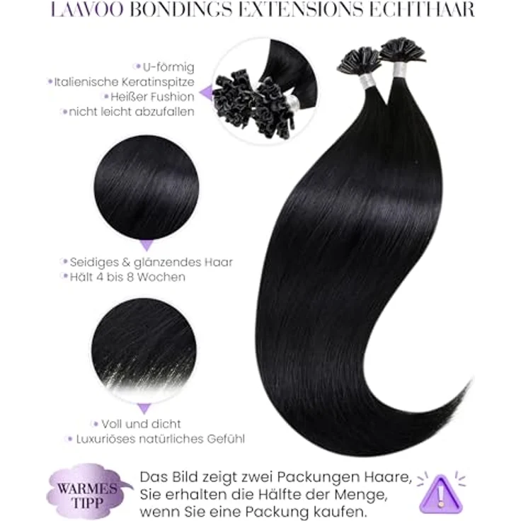 LaaVoo Pre Bonded Haarverlängerung, Echthaar Keratin Bondings 14 Zoll/35cm, U Tip Extensions in Schwarz, 50g/50Strähnen Remy Haare – Bild 2