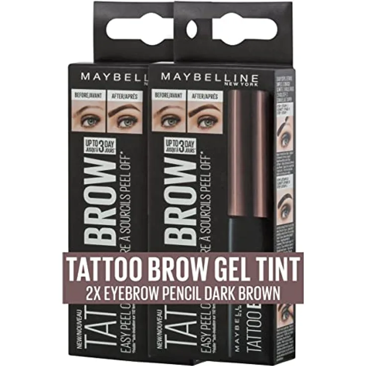 Maybelline New York Augenbrauenfarbe im Doppelpack, Tattoo Brow Gel Tint, Mit Peel-off-Formel, Nr. 3 Dark Brown, 2 x 5 ml