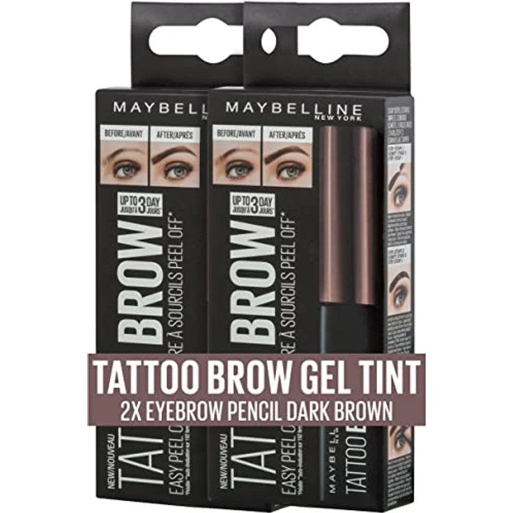 Maybelline New York Augenbrauenfarbe im Doppelpack, Tattoo Brow Gel Tint, Mit Peel-off-Formel, Nr. 3 Dark Brown, 2 x 5 ml – Bild 1