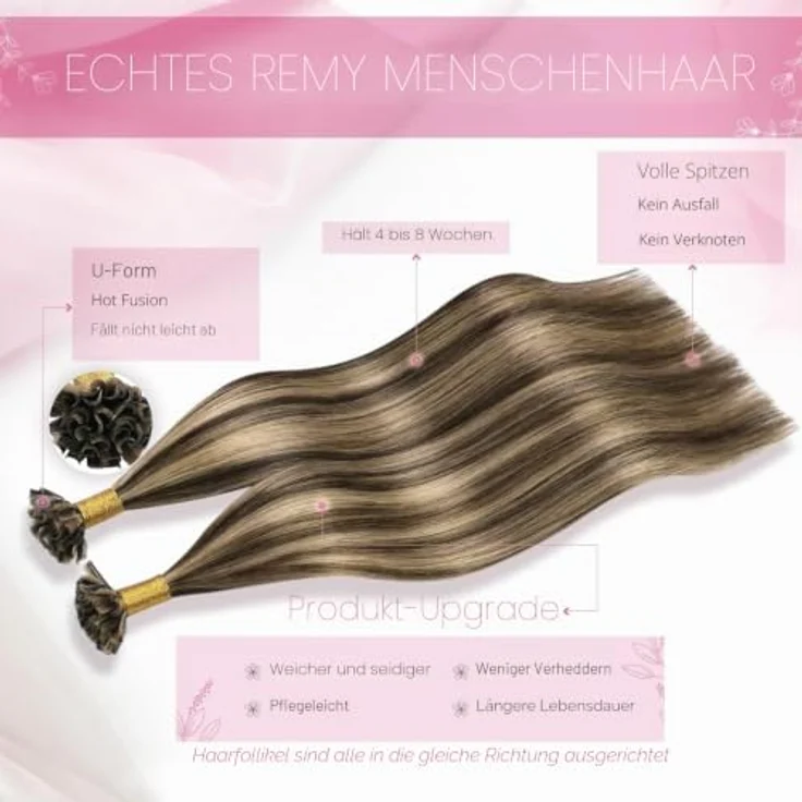 Moresoo U Tip Haarverlängerung 1g Hot Fusion Keratin Extensions, Dunkelbraun mit Karamellblond, 50g, 40 cm Echthaar Remy Pre Bonded – Bild 2