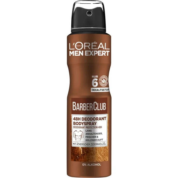 L'Oréal Men Expert Barber Club Deospray 150 ml, 48h Wirkung ohne Alkohol und Aluminium, mit ätherischem Zedernholzöl